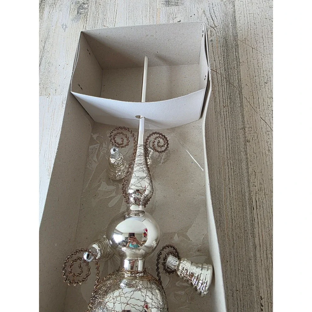 Vintage Czech Republic bell tree topper silver tinsel glass Xmas tree